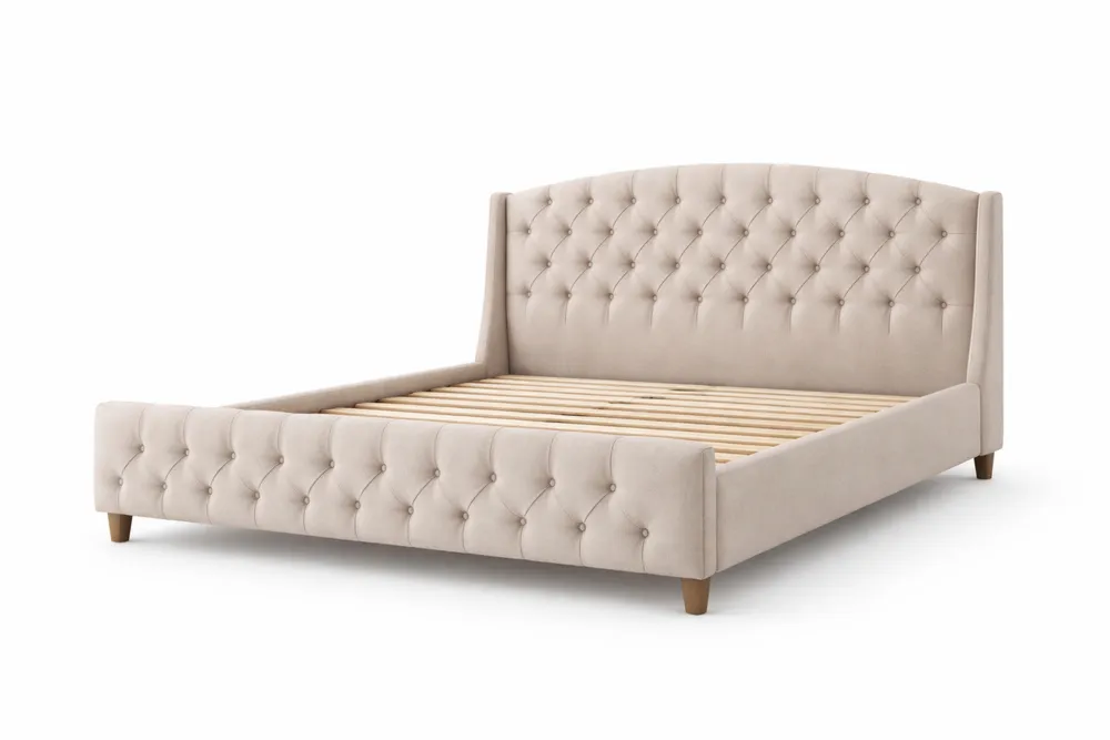 Lit double en bois et tissu beige 150x215 cm