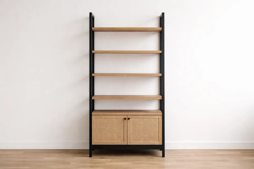 Étagère en bois et rotin 5 niveaux noir et chêne