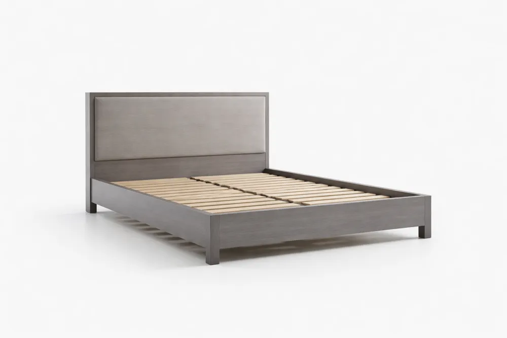 Lit double en bois gris avec tête de lit en tissu 200x160cm