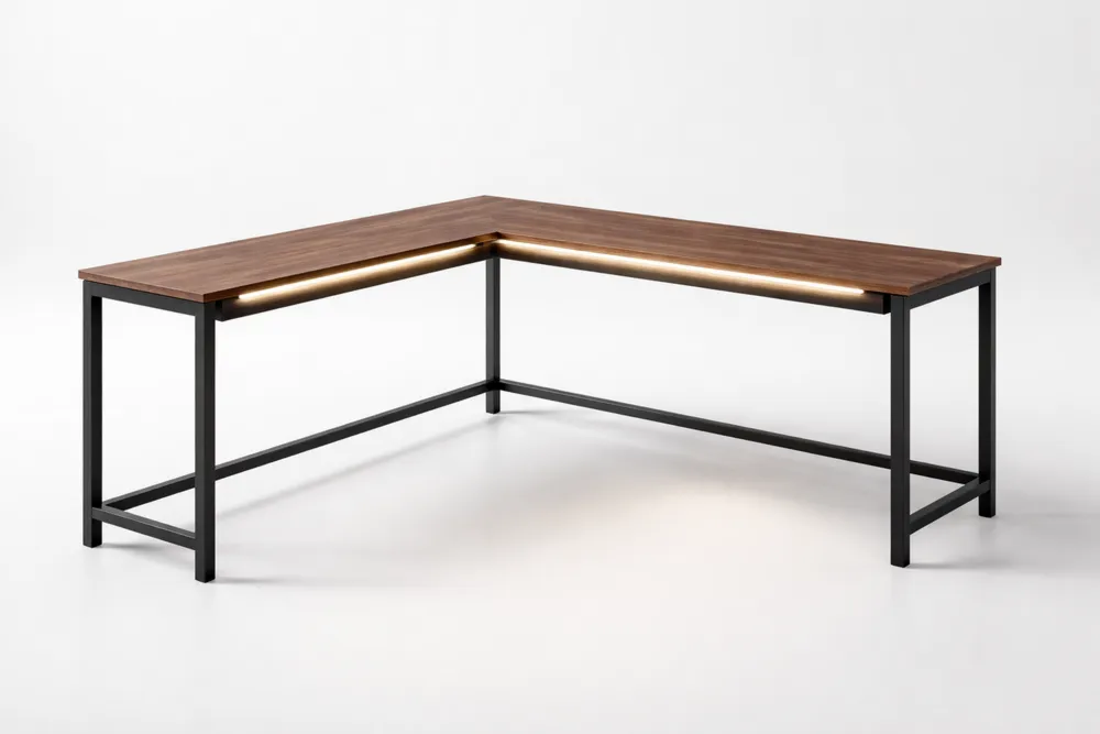 Bureau d'angle en bois et métal avec éclairage intégré