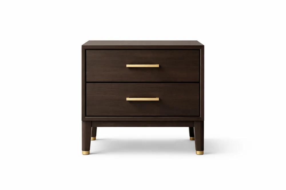 Table de Chevet Bois Massif Marron Poignées Métal Doré