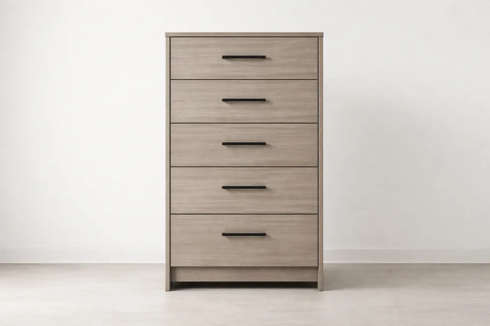 Commode 5 tiroirs bois composite mélaminé Gris clair