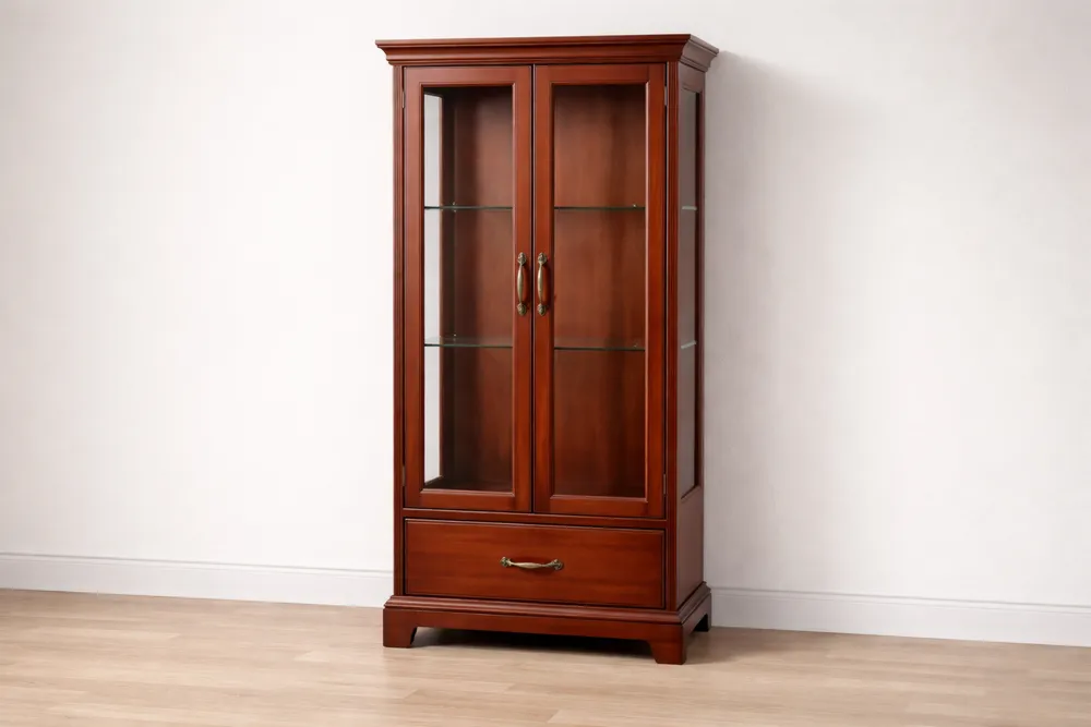 Vitrine en bois massif avec portes en verre trempé et tiroir