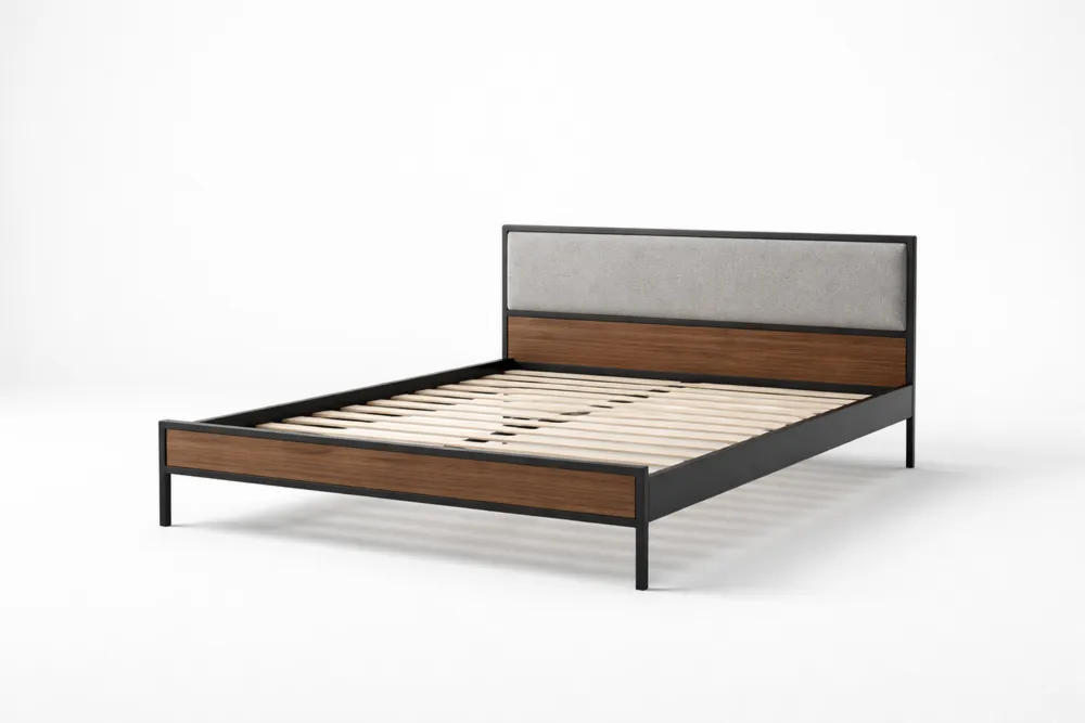 Lit double en métal et bois avec tête de lit rembourrée 140x200 cm