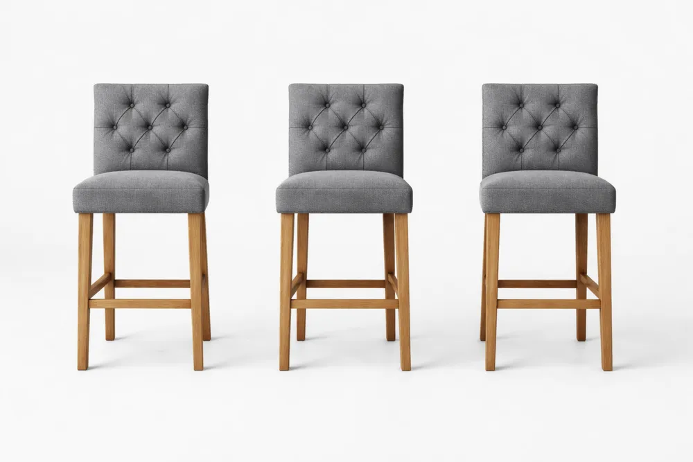 Lot de 3 tabourets de bar en tissu gris avec pieds en bois d'hévéa