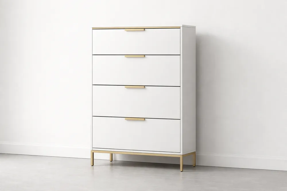 Commode 4 Tiroirs Blanc et Métal Doré