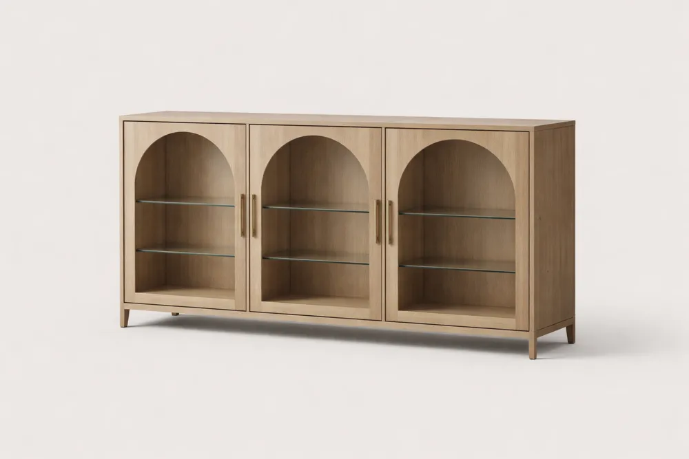 Buffet en bois avec portes vitrées et étagères en verre 150x40x80cm