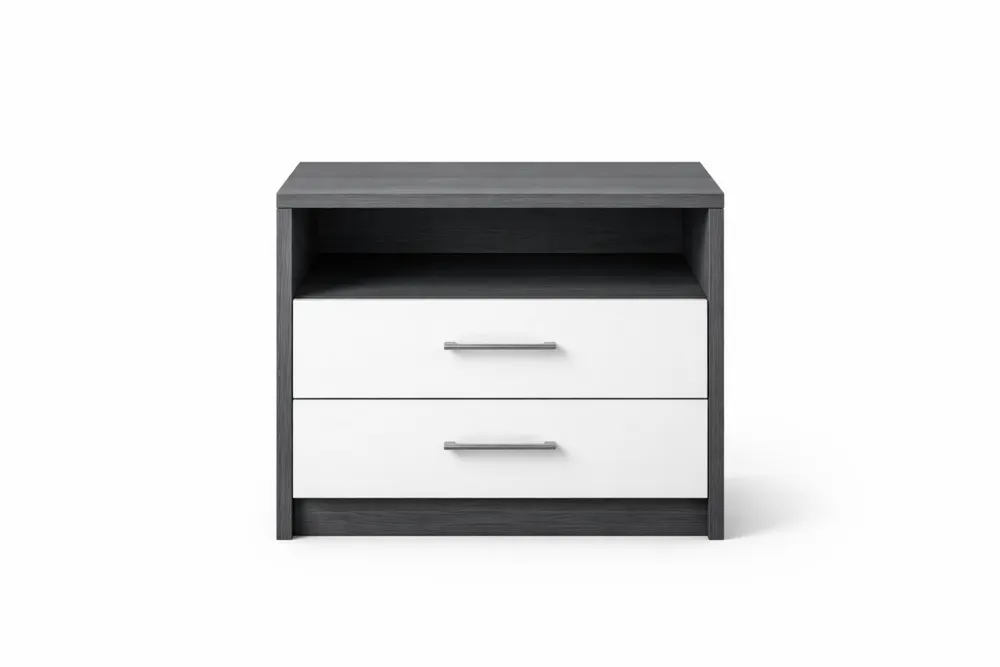 Table de chevet en bois avec 2 tiroirs et étagère ouverte Gris/Blanc