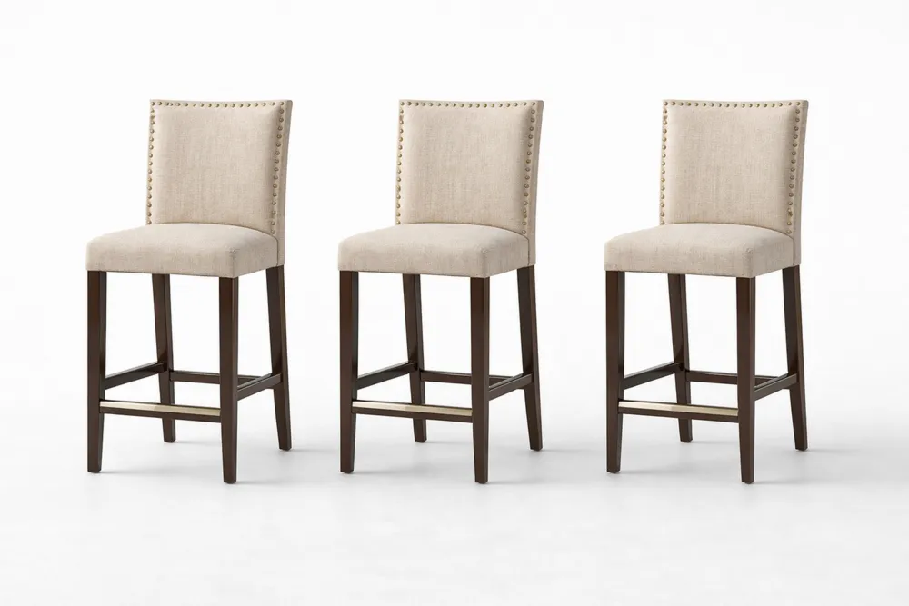 Lot de 3 Tabourets de Bar 75 cm Bois et Tissu Beige
