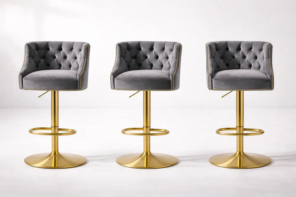 Lot de 3 tabourets en velours gris avec base métal doré