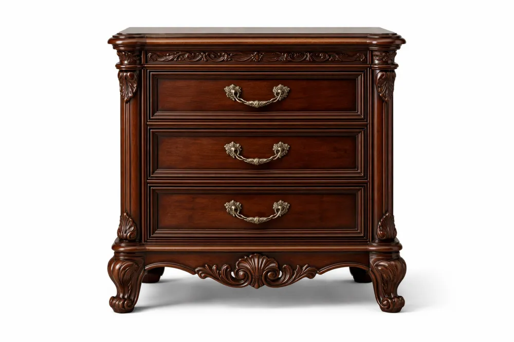 Commode en Bois Massif avec 3 Tiroirs Sculptés Marron