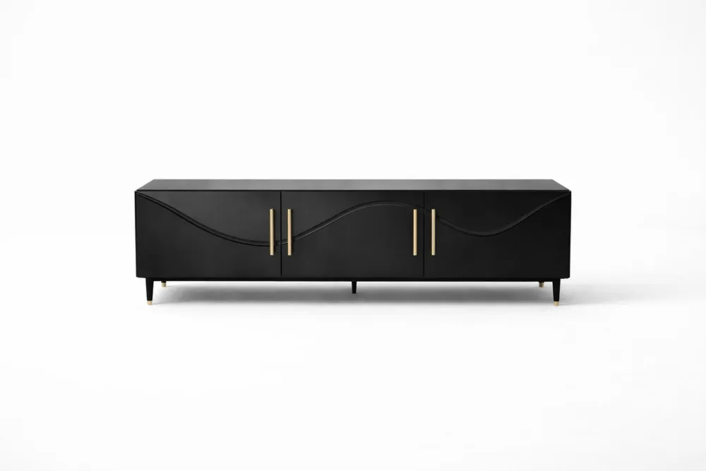 Meuble TV en bois MDF noir avec poignées dorées