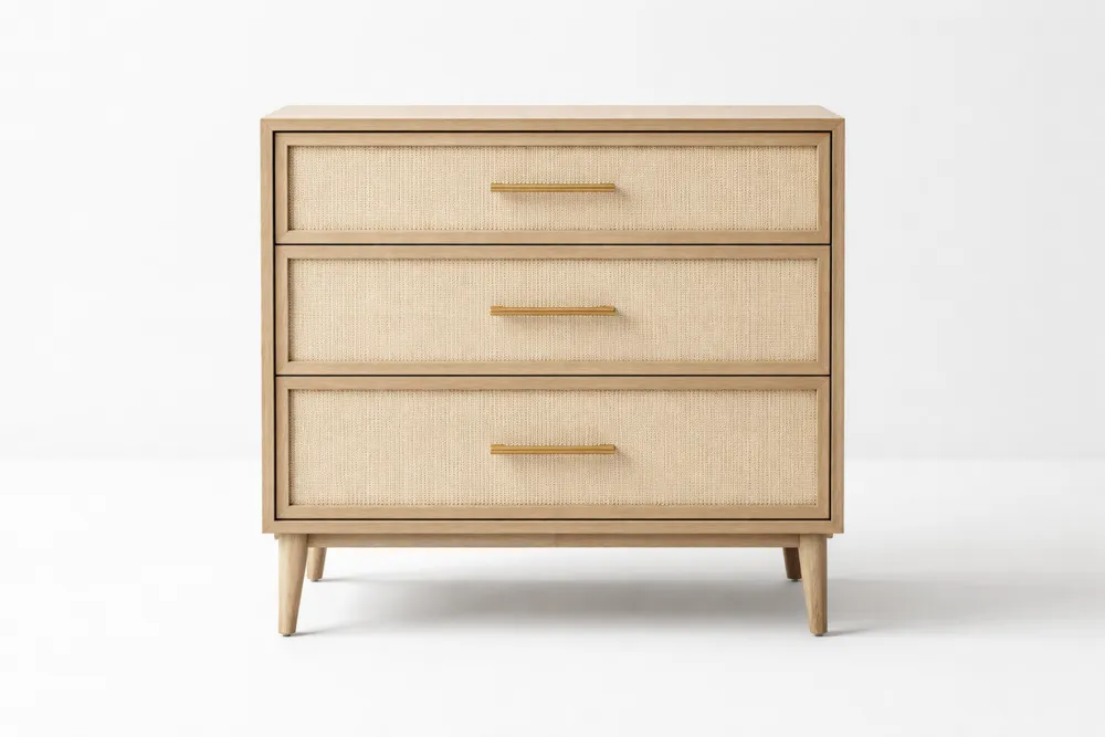 Commode bois avec 3 tiroirs en cannage beige