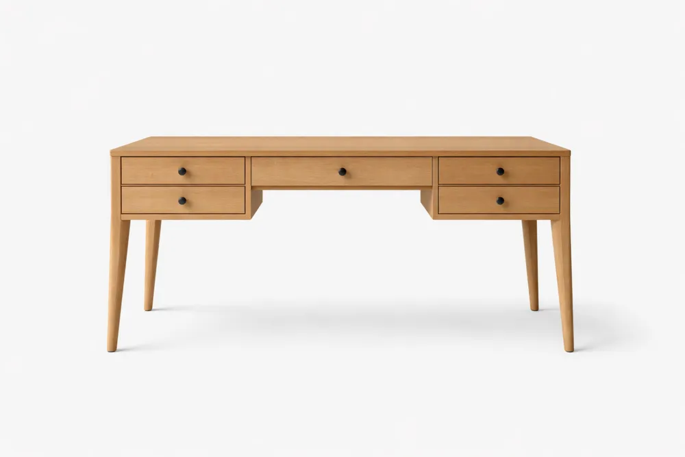 Bureau en bois de chêne clair avec 5 tiroirs