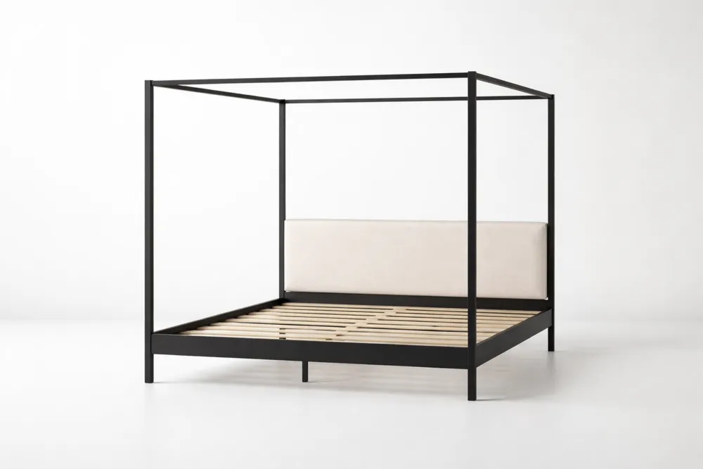 Lit à Baldaquin en Métal Noir avec Tête de Lit en Tissu Beige 160x200cm