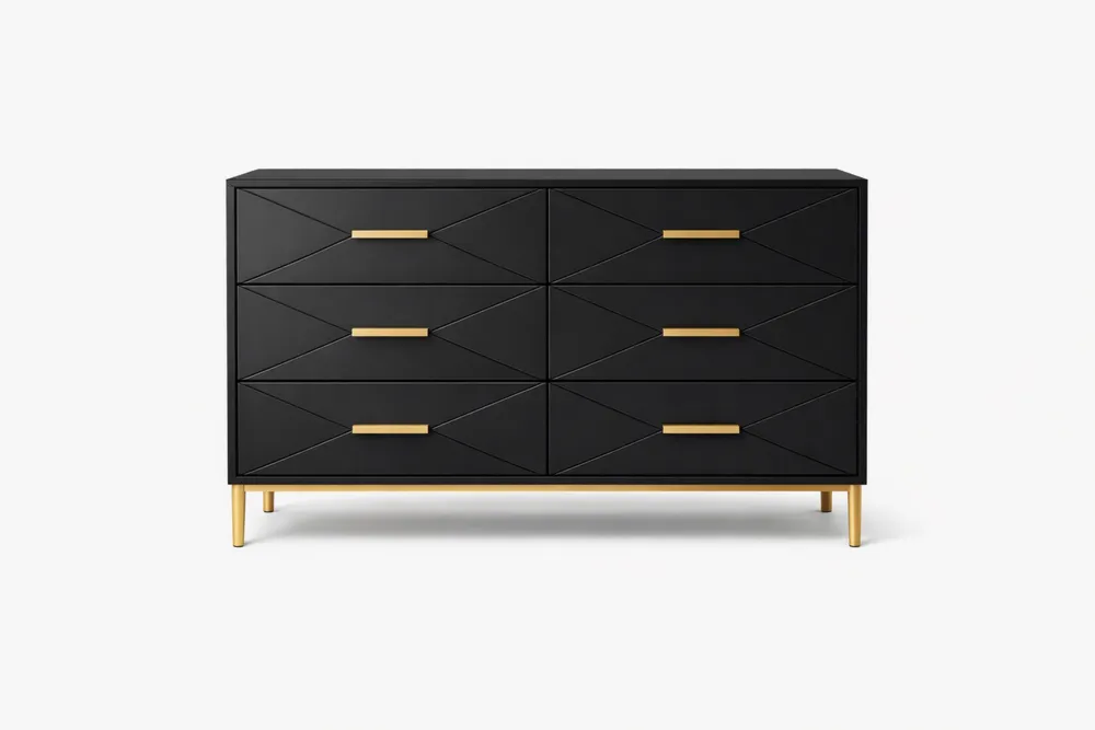 Commode en Bois Noir à 6 Tiroirs avec Pieds Métalliques Dorés