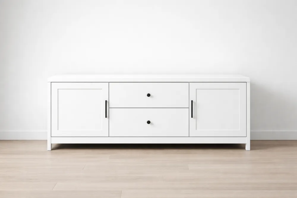 Meuble TV en Bois Blanc 2 Portes 2 Tiroirs