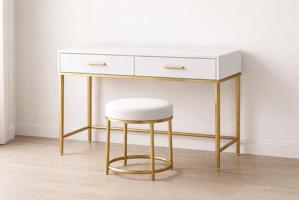 Bureau blanc avec tiroirs structure métallique or et tabouret rembourré
