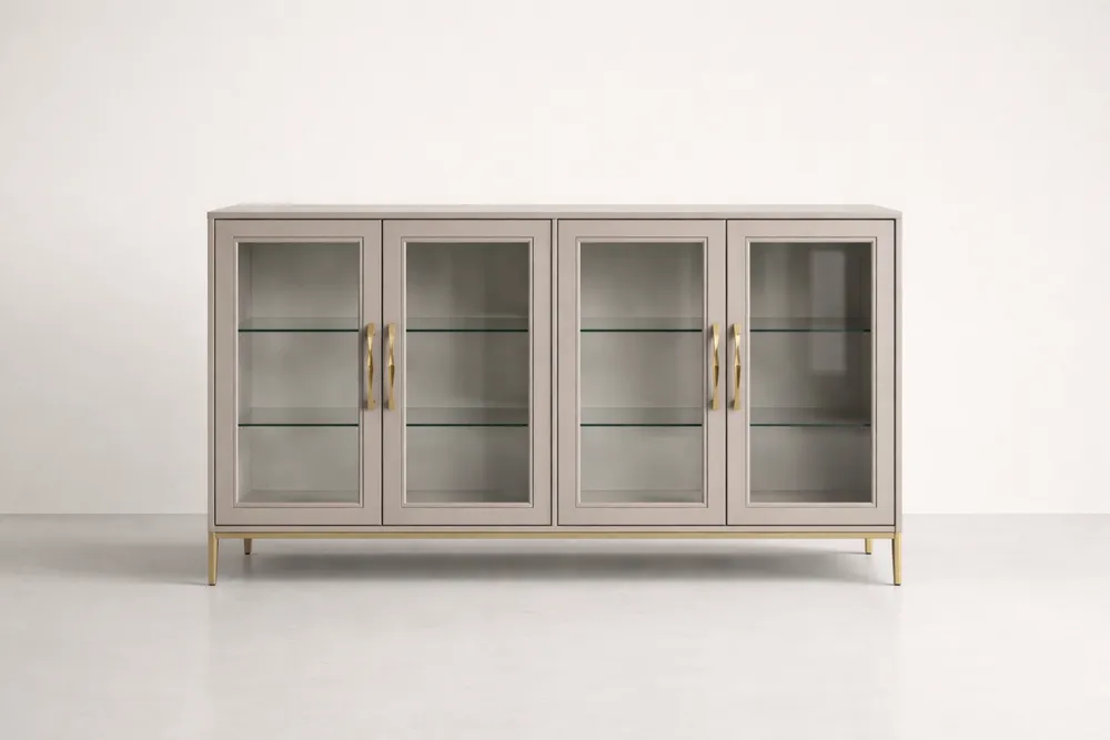 Buffet Vitrine Métal et Verre Trempé Beige