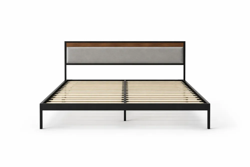 Cadre de lit avec tête rembourrée métal et bois 140x200 cm