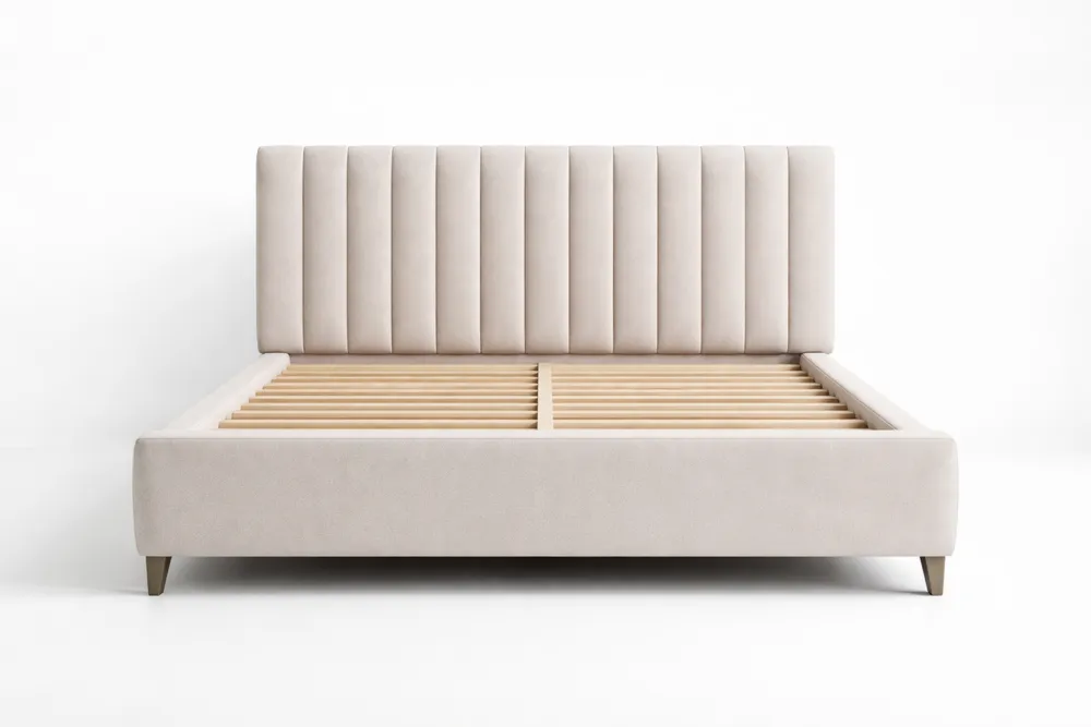 Lit double en tissu beige cadre en bois 140x200 cm