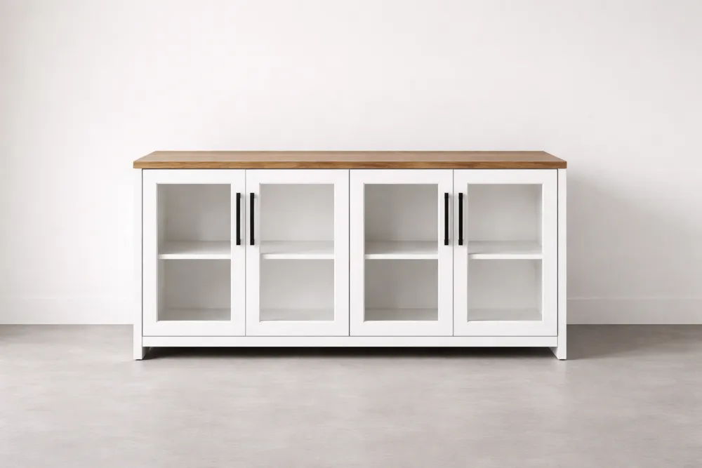 Buffet bas en bois MDF avec portes vitrées blanc et chêne