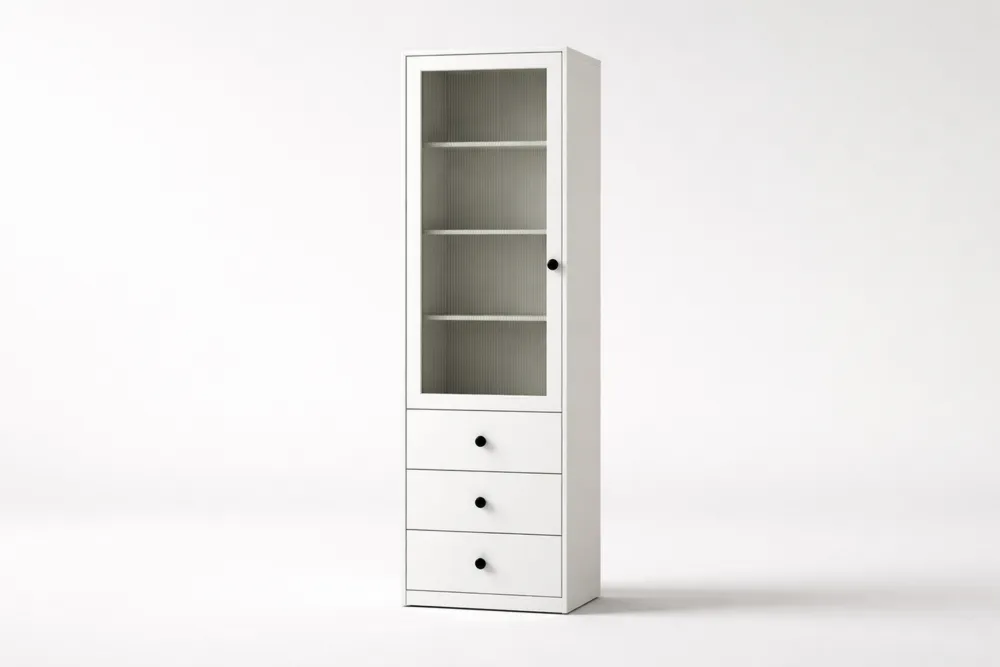 Bibliothèque en bois et verre blanc avec étagères et tiroirs