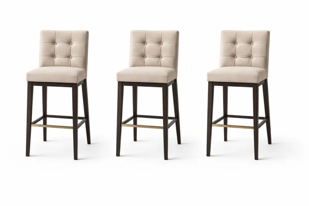 Lot de 3 Tabourets de Bar en Velours Beige avec Structure en Bois