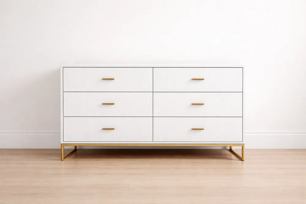 Commode 6 Tiroirs Blanc Métal Doré