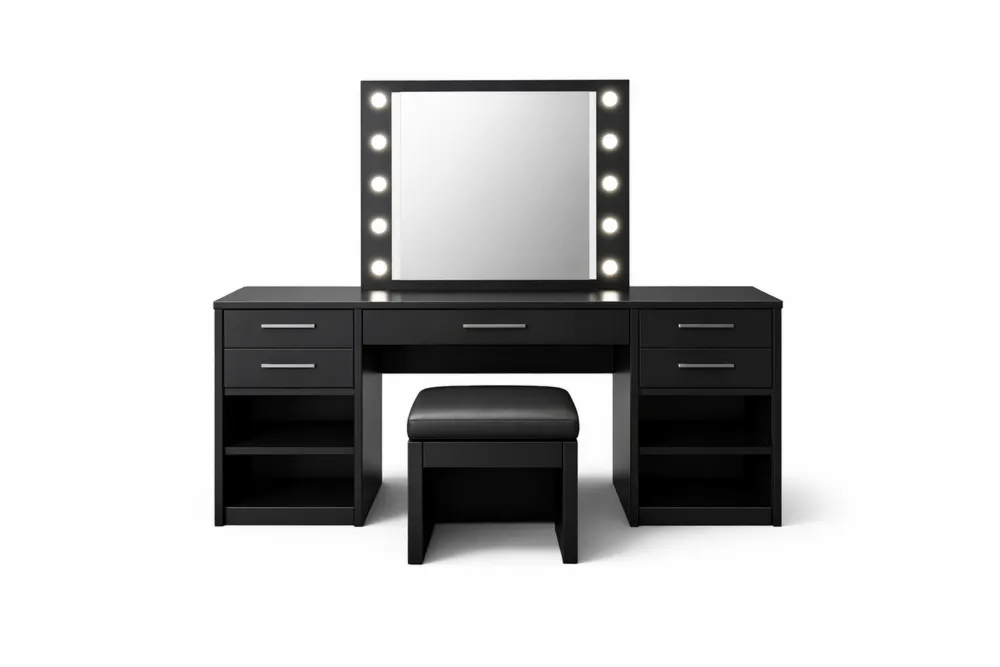 Table de Maquillage Noir avec Miroir Éclairé et Tabouret