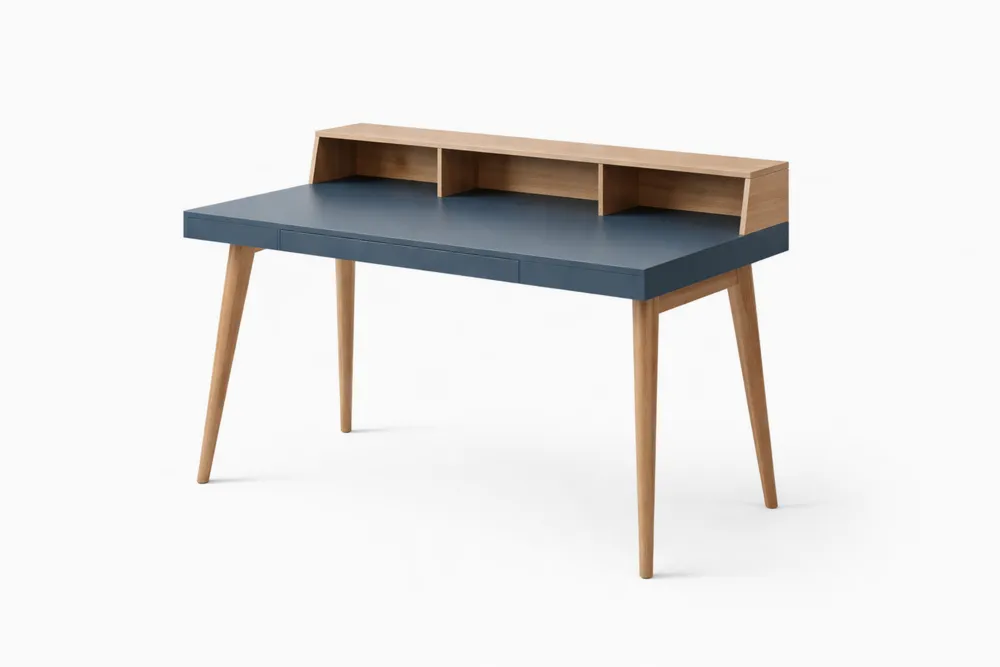 Bureau en bois de chêne et MDF bleu avec compartiments de rangement