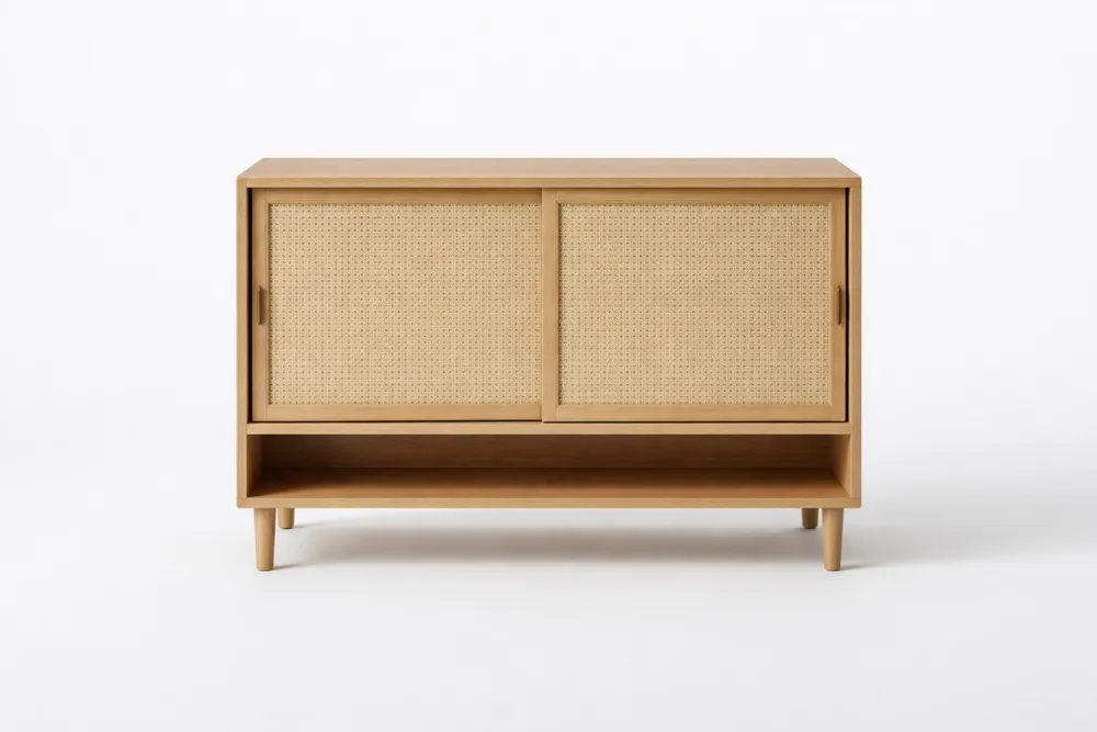 Buffet en Hêtre avec Portes en Rotin 90 cm