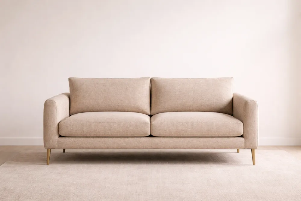 Canapé deux places tissu polyester beige pieds bois massif