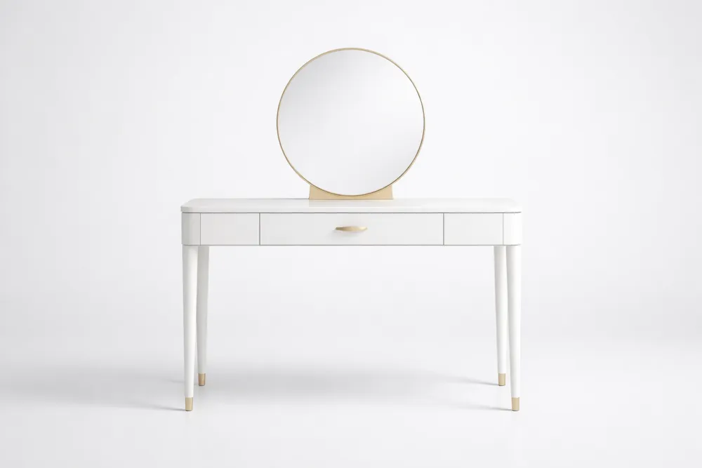 Coiffeuse en Bois avec Miroir Rond Blanc 120x40x75 cm