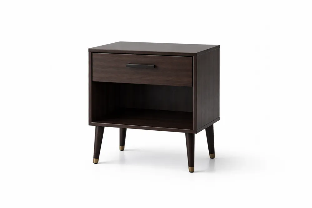 Table de Chevet en Bois Noyer avec Tiroir et Étagère