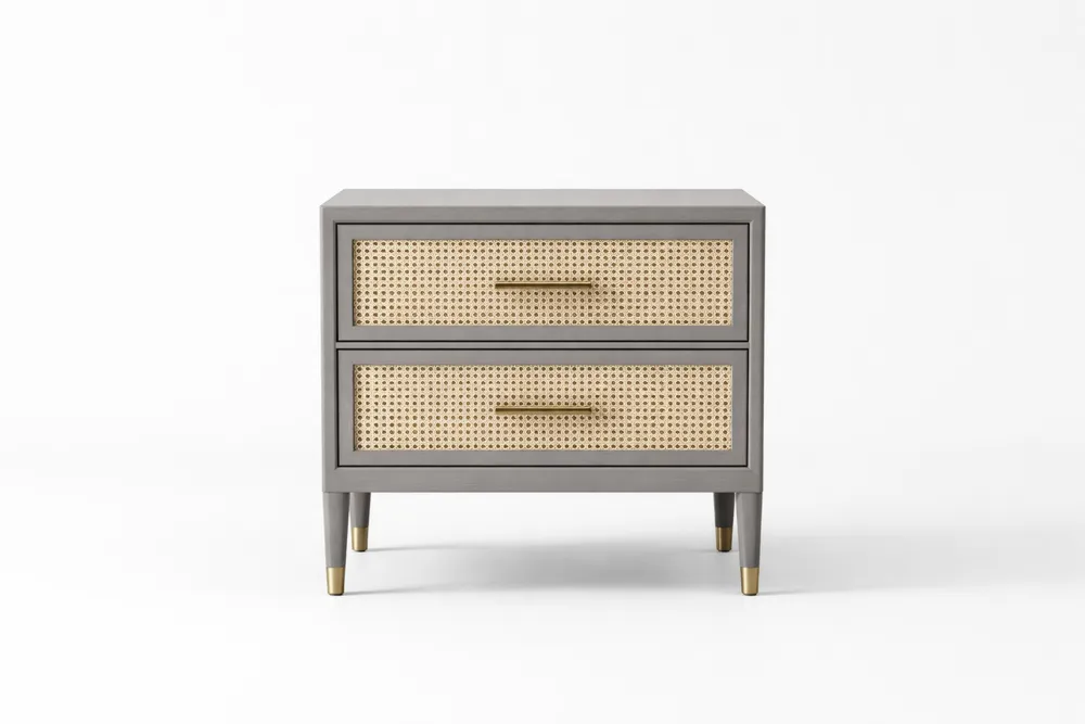 Table de chevet avec 2 tiroirs en bois et rotin gris