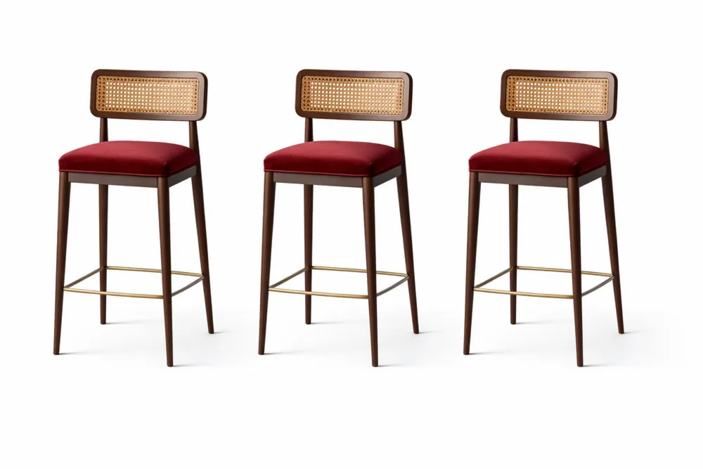 Tabourets de bar en bois de noyer avec siège en velours rouge et dossier en cannage, lot de 3