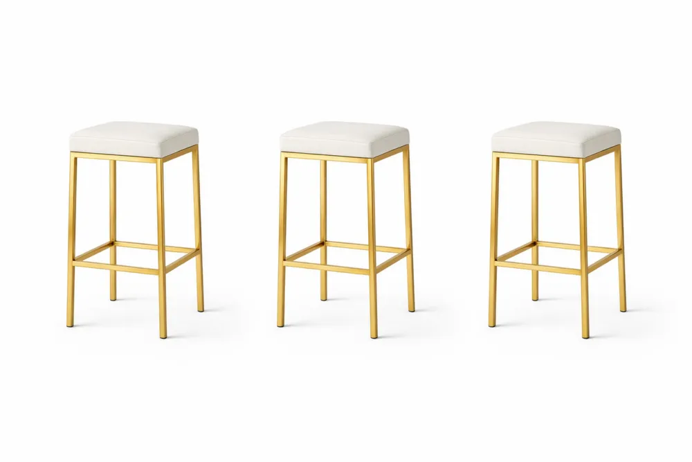 Lot de 3 tabourets de bar pieds en métal or assise en PU blanc