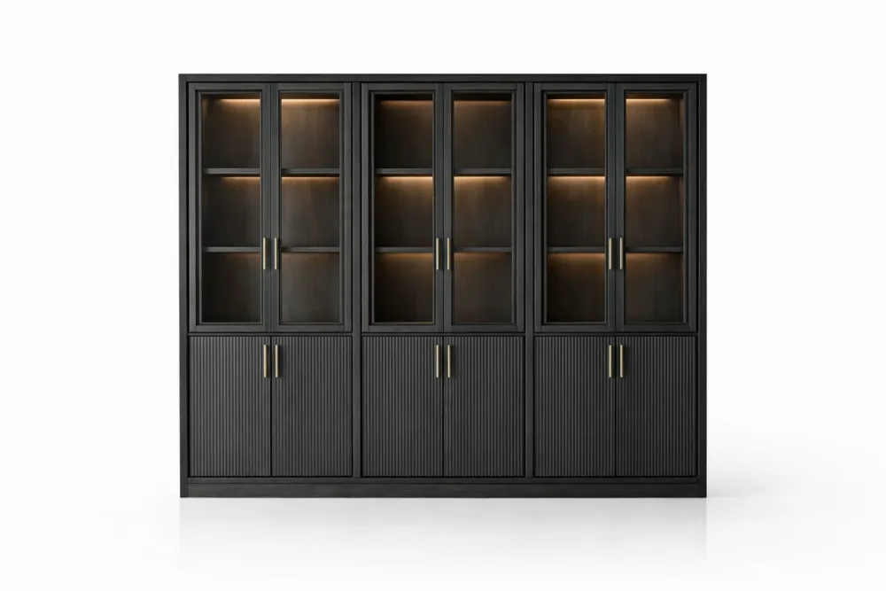 Armoire en Bois Noir avec Portes Vitrées et Éclairage LED
