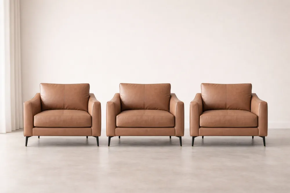 Ensemble de Trois Fauteuils en Cuir avec Pieds en Métal Marron