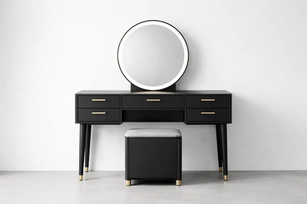 Coiffeuse en Bois et Métal avec Miroir LED Rond et Tabouret Noir