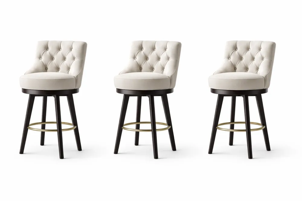 Ensemble de 3 Tabourets de Bar Pivotants en Bois et Tissu Crème