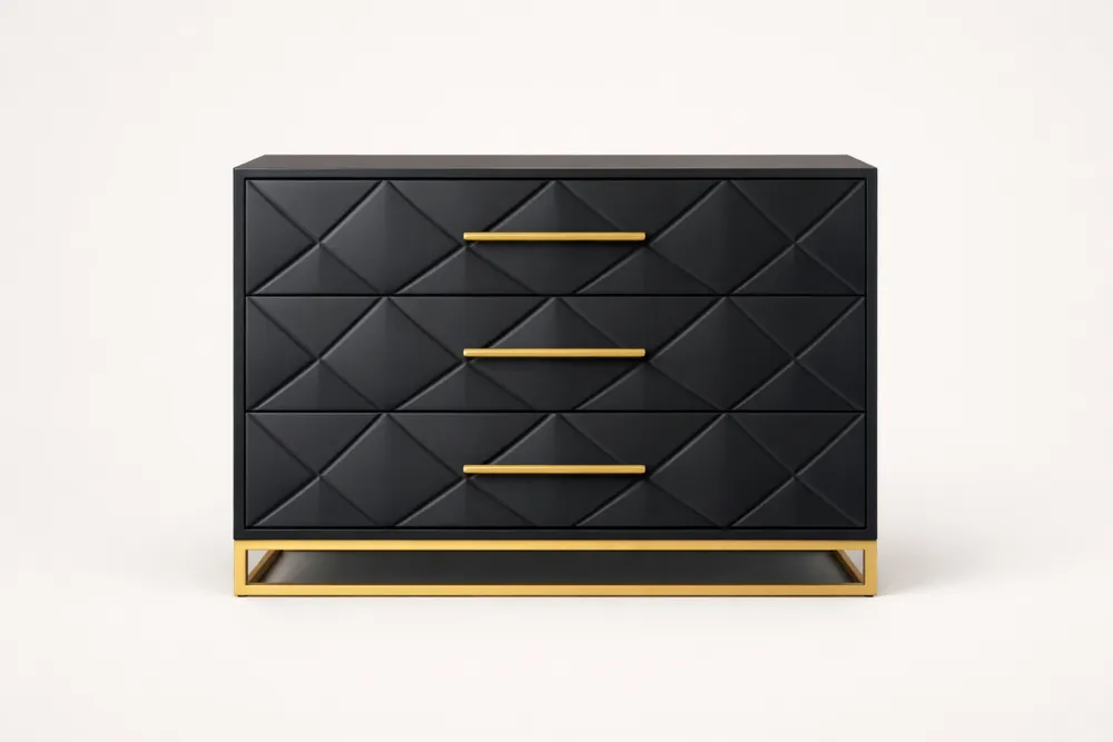 Commode 3 tiroirs en MDF noir avec poignées et base métalliques dorées