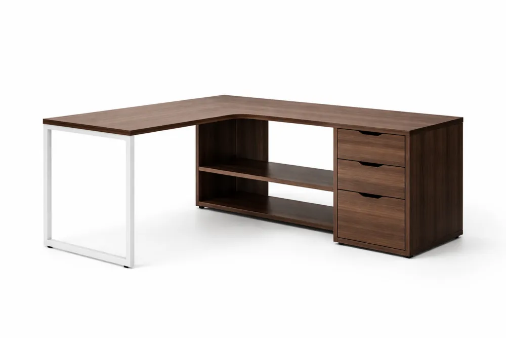 Bureau d'angle en MDF marron avec pieds en métal et 3 tiroirs
