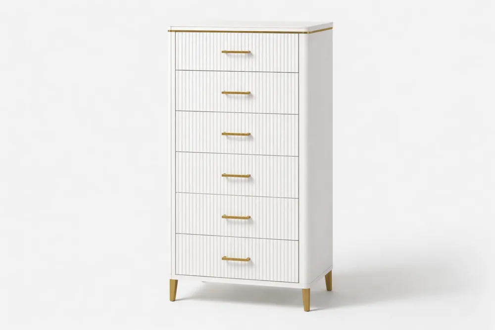 Commode Haute 6 Tiroirs Bois MDF Blanc et Métal Doré