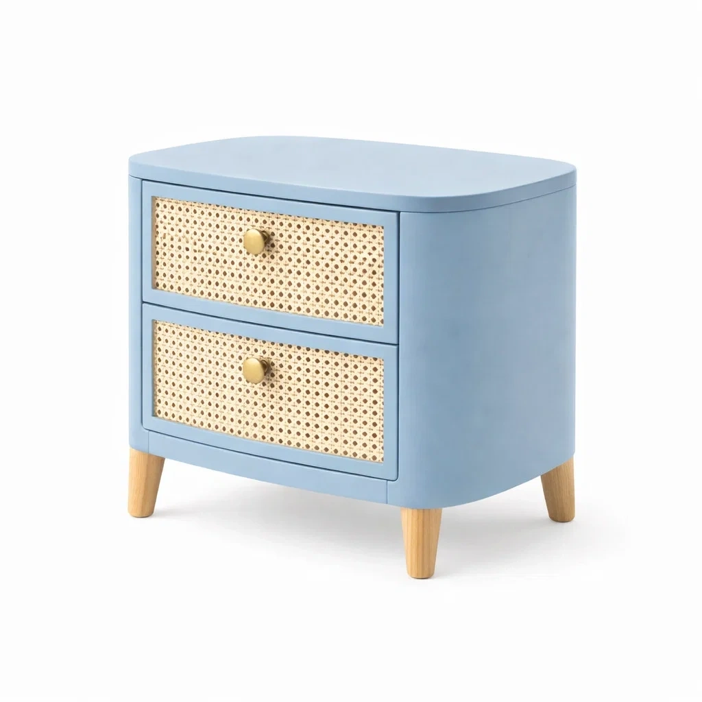 Comodino Azzurro con Rattan-habistay