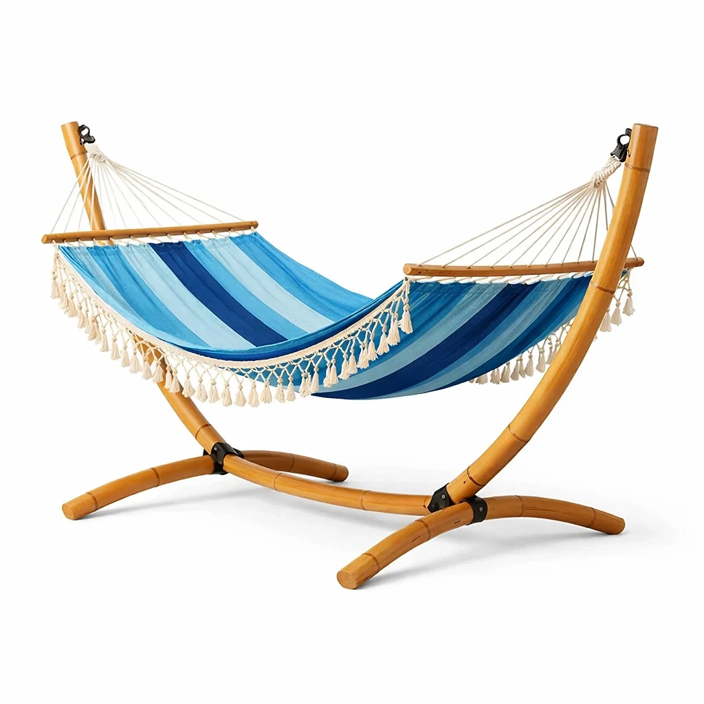 Amaca in legno con telo a righe blu-demviro