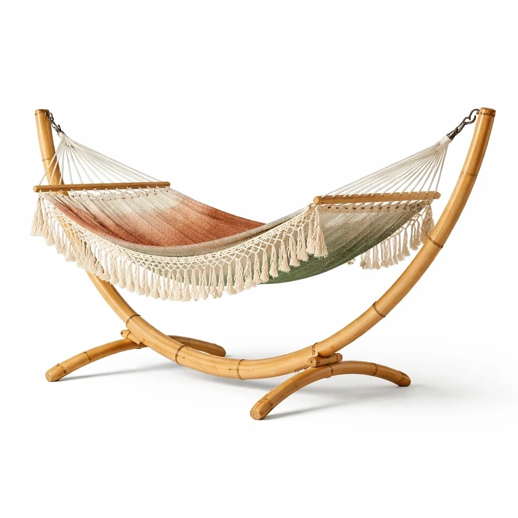 Amaca in legno con telo beige e verde-demviro