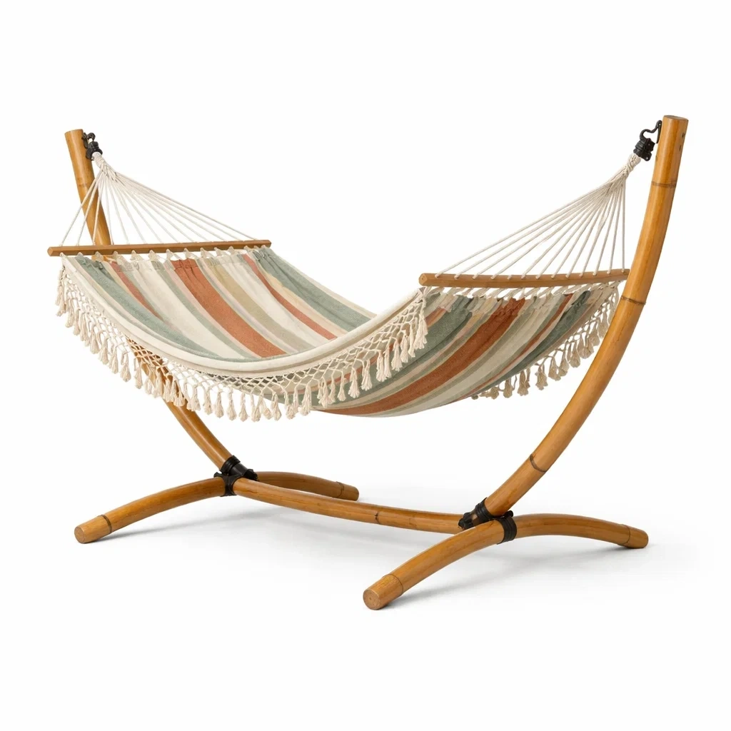 Amaca in legno con telo a righe neutre-demviro