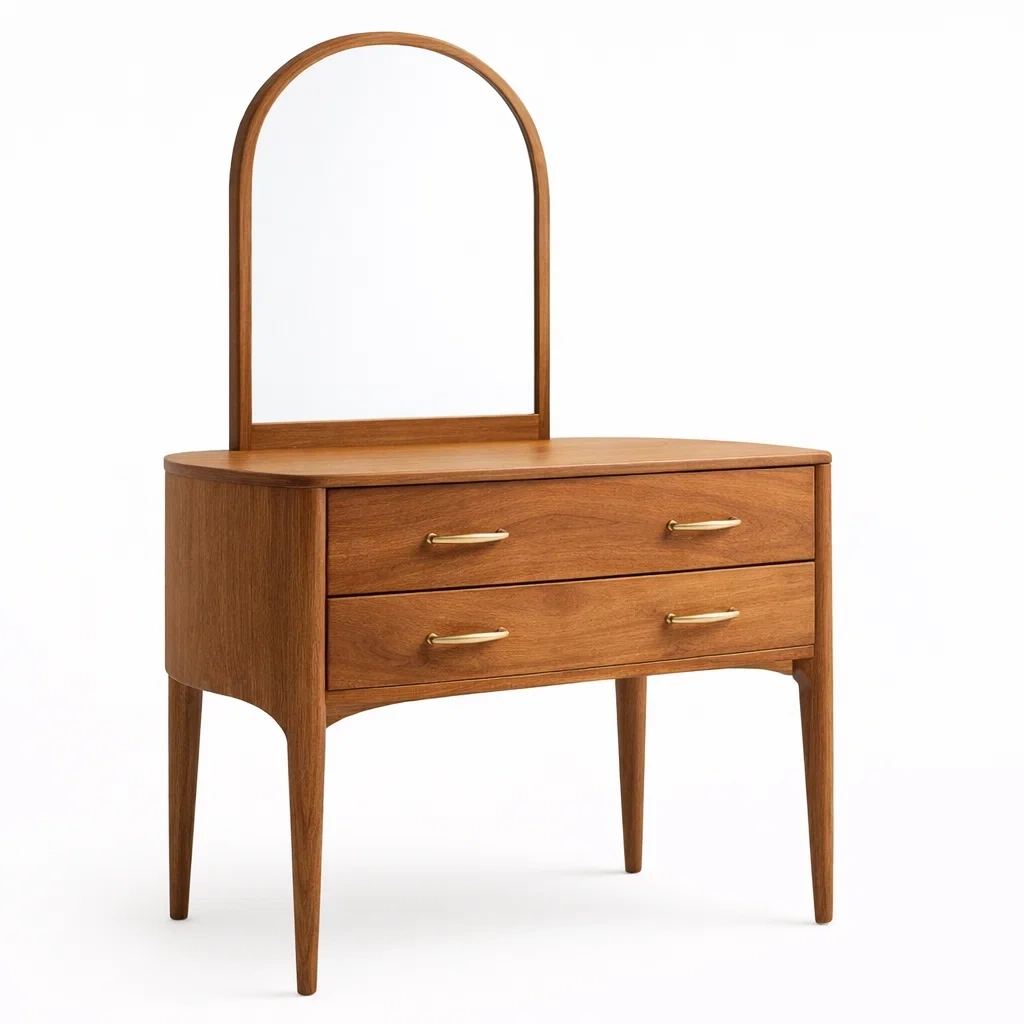 Toeletta in legno marrone con specchio ad arco-demviro